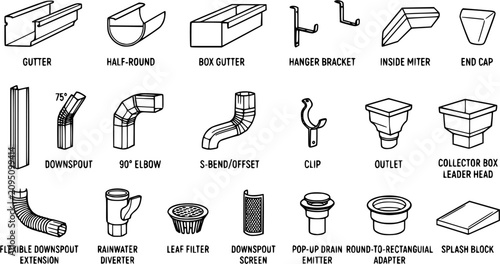 Black line floor drain vector set, bathroom and commercial drainage fixtures isolated on white background, plumbing and sanitary drainage illustration