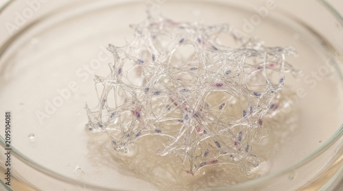 Transparent polymer network in a petri dish for laboratory background and biomaterial research texture for scientific poster and educational display