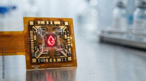 Biomedical microchip biosensor circuit board with red droplet indicator for lab device background and diagnostic research design