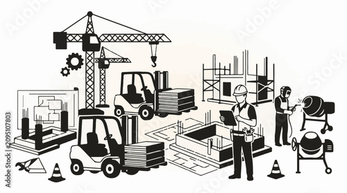 Construction scene with cranes forklifts workers and machinery