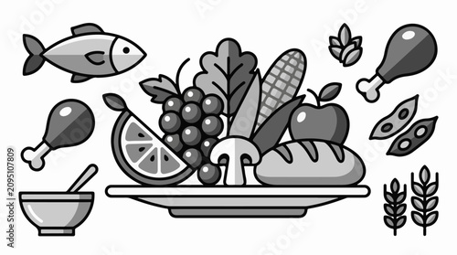 Assorted food items including fruits vegetables grains and protein