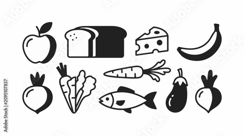 Collection of stylized food items in a simple illustration