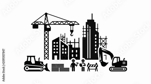 Construction site with buildings crane workers and machinery
