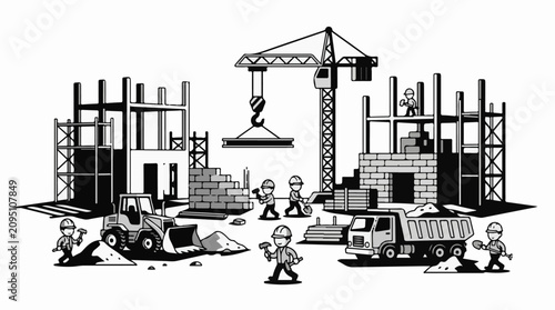 Construction site with workers crane trucks and building frames