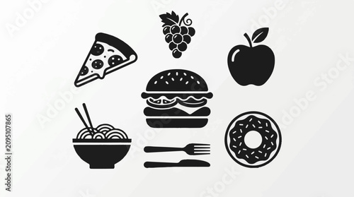 Icons of various foods and utensils including a pizza burger apple grapes