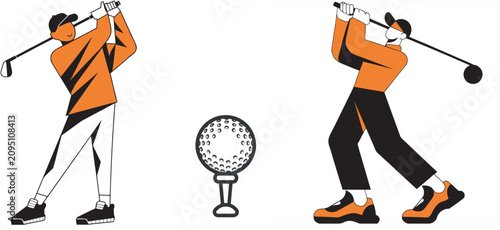 Quadro su tela Golf Player Swing and Ball on Tee Vector Clipart Set