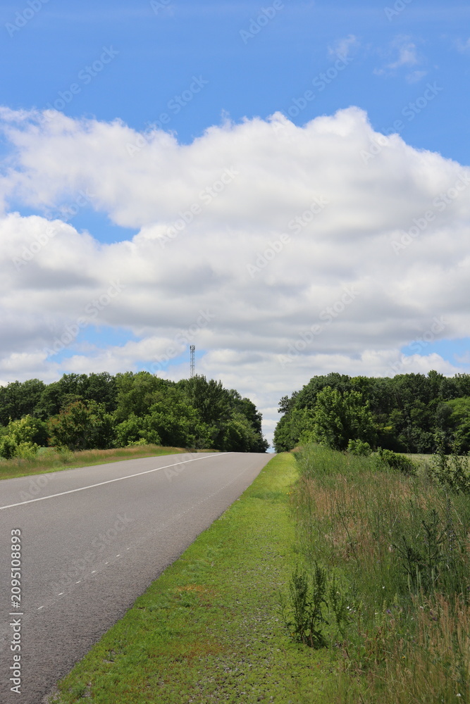 Fototapeta premium Vertical country road beneath dramatic summer clouds