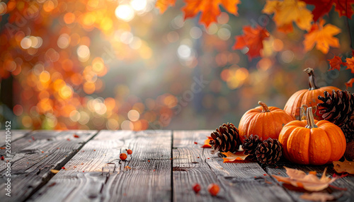 紅葉の木漏れ日とカボチャが置かれたアンティーク調の木製テーブル　秋のイベントや感謝祭の告知に使える文字入れスペースのある背景素材　温かみのある季節のディスプレイとボケ味のある自然光の背景画像