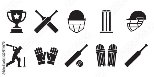 фотографія Collection of black silhouette icons for cricket sports equipment and gameplay e
