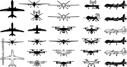 Military Surveillance Drone Icon Set with Black UAV Aircraft Silhouettes and Outline Symbols for Defense, Aviation and Remote Technology Design
