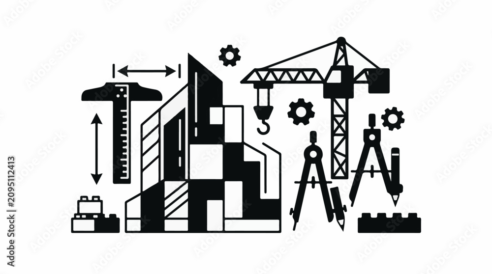 Obraz premium Construction icons crane building ruler compass gears blocks pencil