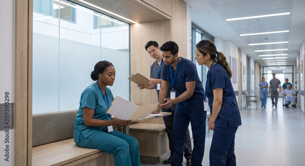 Fototapeta premium International Care Team Problem Solving In European Hospital Alcove