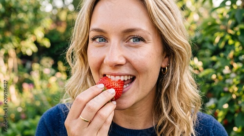 Young Woman Enjoying a Fresh Strawberry Outdoors with Blurred Greenery Background