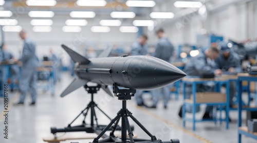 Rocket development, advanced missile prototype displayed in aerospace laboratory with engineers assembling and testing new strategic defense technology systems.