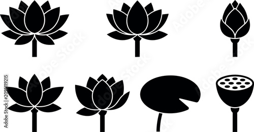 Black lotus flower bud seed pod and leaf icons set vector art