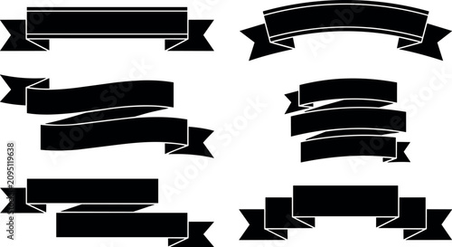 Black ribbon banners silhouette set vector art with curved and straight shapes