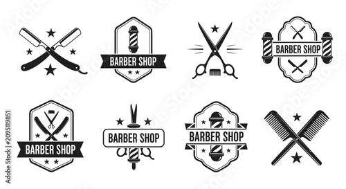 Classic barber shop emblems featuring straight razors, scissors, and barber poles, concept for traditional male grooming branding, perfect for signage, apparel design, and website headers