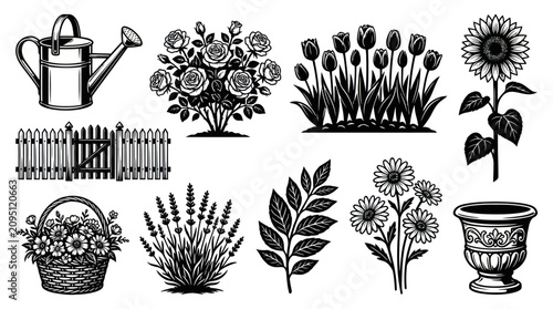 Set of Garden Gardening Elements and Flower Plants