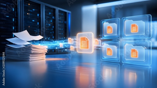 Paperless office transition concept with physical document stack converting into digital data stream entering glowing folders in server room