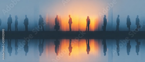Dynamic corporate succession planning scene highlighting future leaders in professional setting diverse professionals silhouetted against cityscape