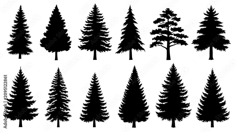 Fototapeta premium Collection of various pine tree silhouettes.