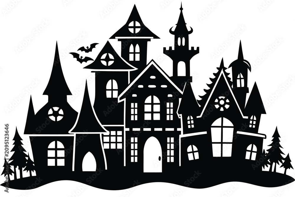 Fototapeta premium Haunted House Silhouette Vector Set Spooky Halloween Haunted Mansion Collection with Bare Trees and Bats Isolated on White 