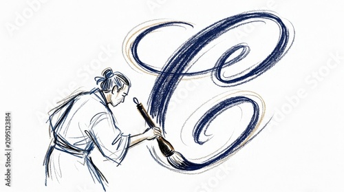 Artist hand holding calligraphy brush drawing cursive letter c on white paper background with calligraphy alphabet creative