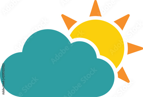 Bright yellow sun partially hidden behind a teal cloud, perfect for weather apps, forecast graphics, climate infographics, and seasonal designs