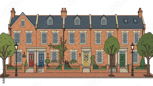 Bild auf Leinwand Traditional Terraced Houses Row, Red Brick Facade, Colorful Doors, Victorian Sty