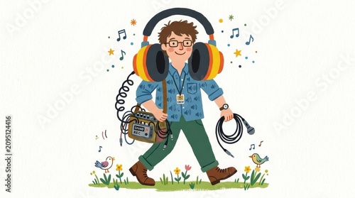 Obraz na płótnie Audio technician walking with large headphones and technical equipment technician headphones equipment microphone