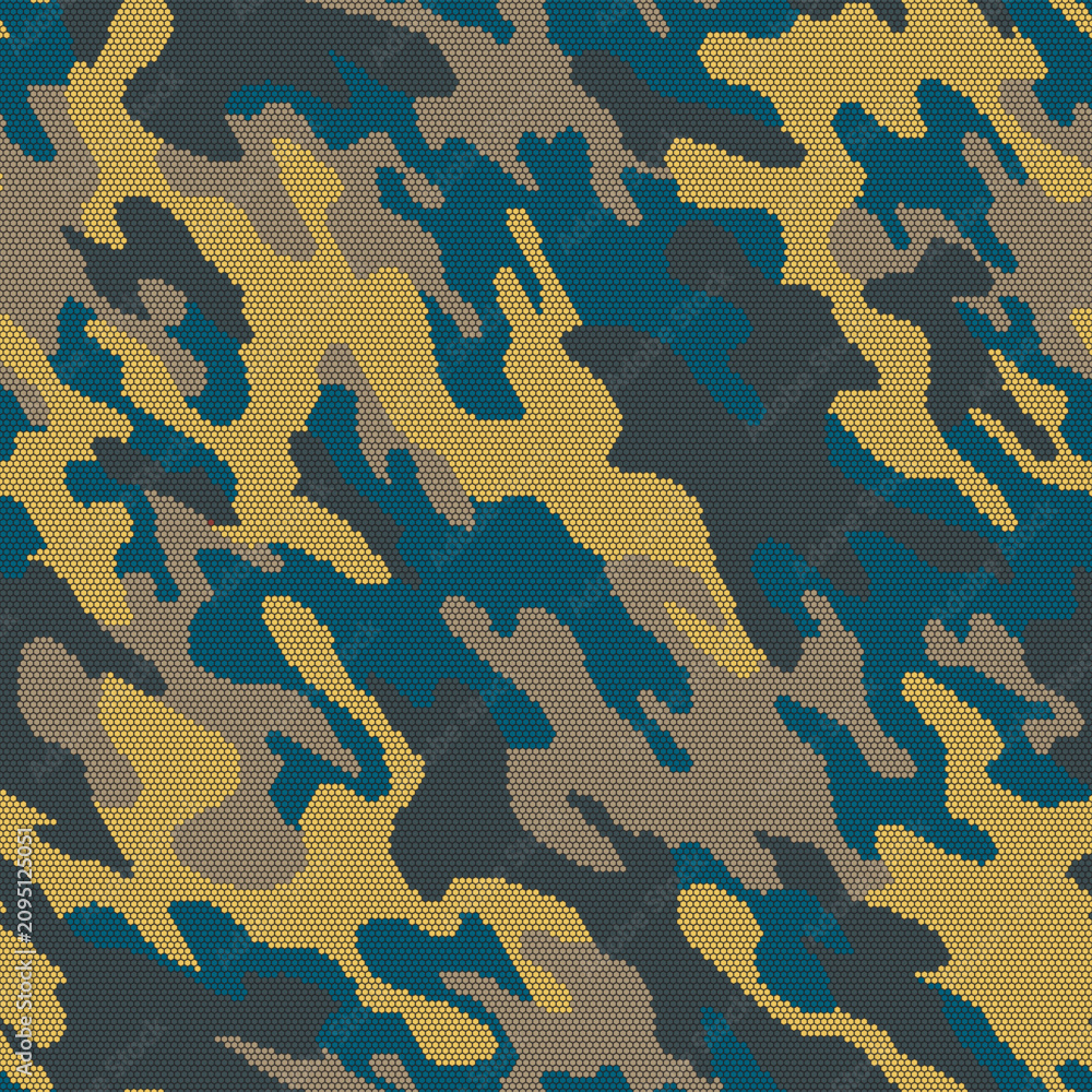 Fototapeta premium Full Seamless petrol gold halftone camouflage background. Deep teal, mustard and charcoal patches build a dramatic halftone camo pattern for fashion fabric print, accessories and wallpaper.