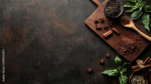 Aromatic spices and herbs arranged on dark surface