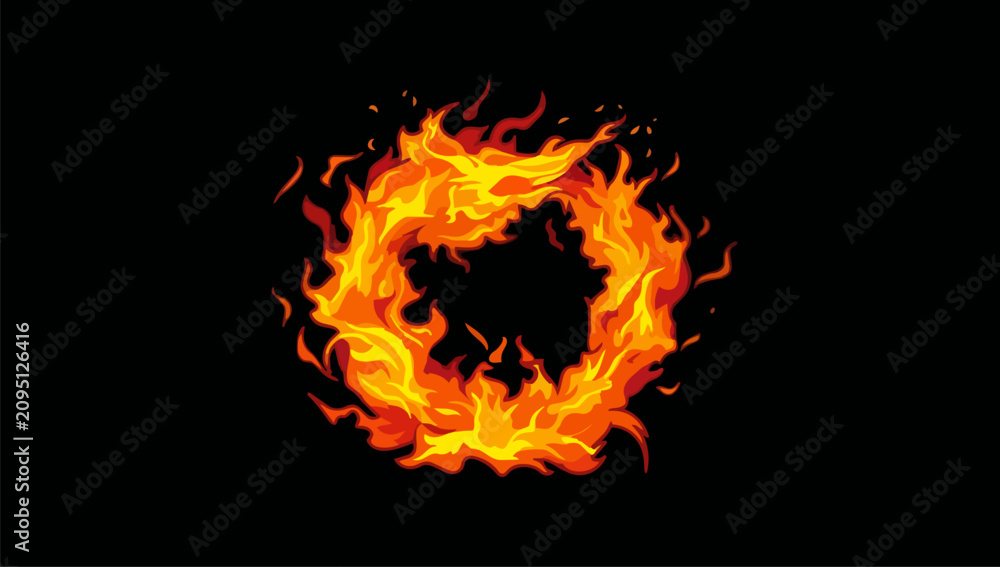 Fototapeta premium Bright orange and yellow flaming ring burning on black background