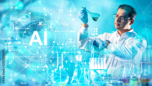 Laboratory research, scientist performing chemical analysis in modern lab with AI digital interface for data-driven experiments and innovation.