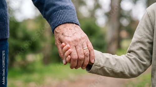 Close up of an elderly grandparent holding hands with a young child outdoors in a park, symbolizing family connection, love, and generational bonding.