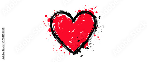 Quadro su tela Red Heart Grunge Design with Splatter Effect on White Background