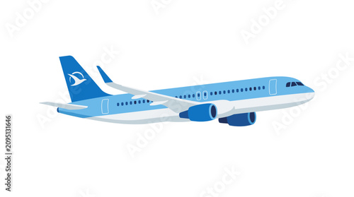 Konstfotografi Blue Airplane in Flight: A modern blue and white passenger airplane soars through the sky, its wings outstretched in aerodynamic grace, symbolizing travel and freedom