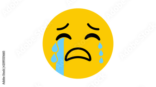 Fotografi Sad Crying Emoji: A bright yellow emoji with closed eyes and a downturned mouth, expressing sadness and distress with tears streaming down its face
