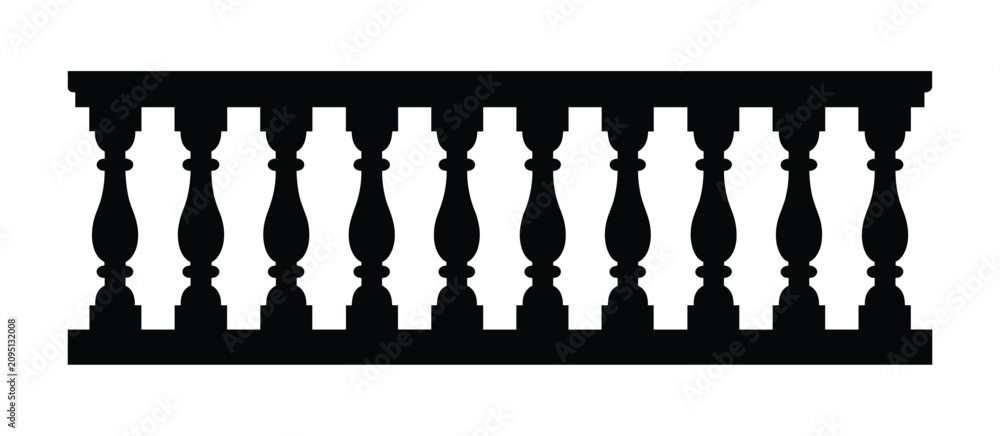 Φωτογραφία Balustrade Silhouette: A graphic silhouette of a classic balustrade railing, featuring a repeating pattern of ornamental balusters and a smooth top rail, rendered in a bold black form