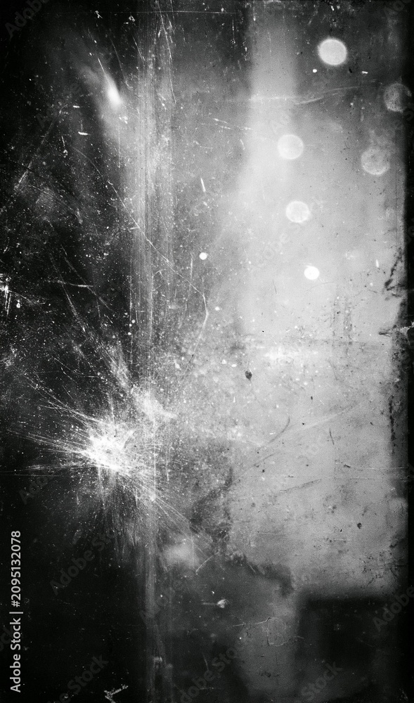 Naklejka premium Old film texture with scratches, noise and light leaks. Realistic overlay film texture in black-white, dust and grain. Distressed retro movie or photo negative effect of cinema nostalgia