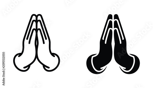 Praying Hands Icon: A clear and simple graphic representation of two hands pressed together in prayer or greeting, shown in both outline and solid form.