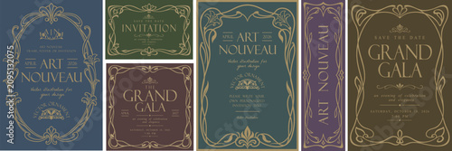 Art Nouveau Gala vector set with ornate floral frame, vintage typography, line art, ornament, plant and decorative design elements for wedding invitation, poster, card, border or classic branding	
