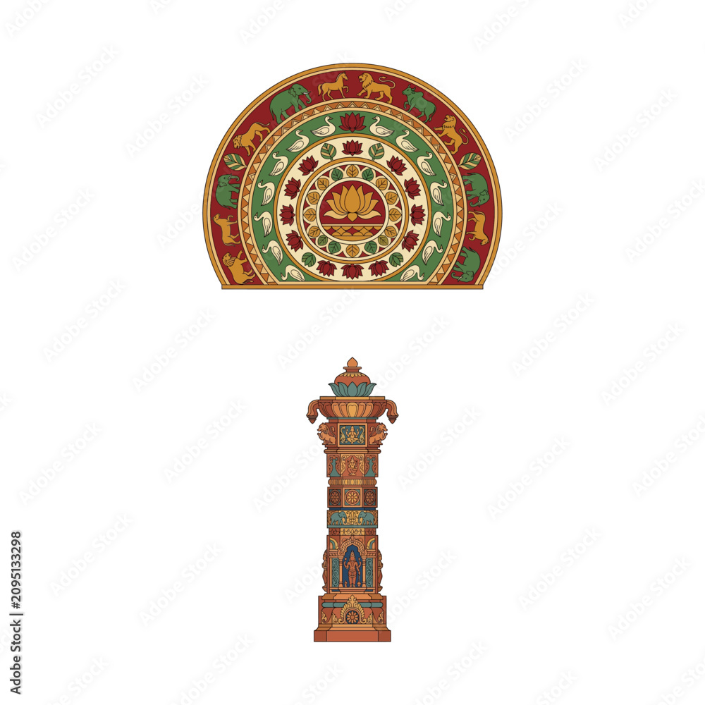 Obraz premium Traditional Sinhalese Sandakada Pahana And Carved Stone Pillar Architectural Elements Illustration