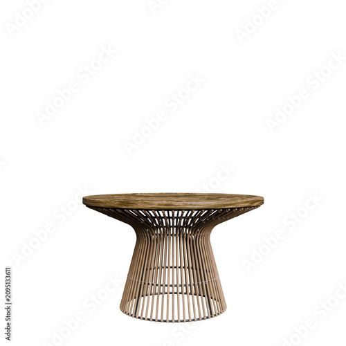 A modern wooden table with a unique design featuring a round top and intricately woven base.