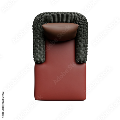 Quadro su tela A modern armchair with a woven backrest and a vibrant red cushion, set against a black background
