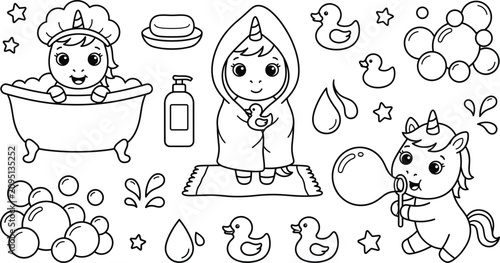 Obraz na płótnie Cute Unicorn Bath Time with Bathtub Bubbles Bathrobe Soap Ducks and Hygiene Elem