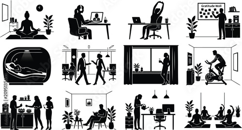Bild auf Leinwand Set of office wellness and productivity featuring employees meditating, exercisi