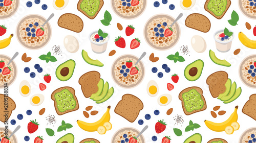 Fotografie Colorful assortment of cookies, pastries, breads and fruits arranged in a flat lay