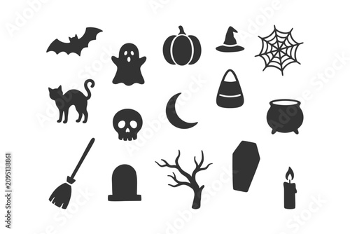 Set of dark black halloween silhouettes including pumpkins ghosts bats skulls and spooky items for festive holiday graphic design projects