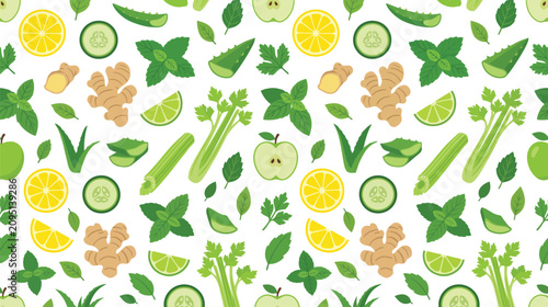 Foto Vibrant Citrus and Herbal Leaves Pattern with Lemons Limes and Mint